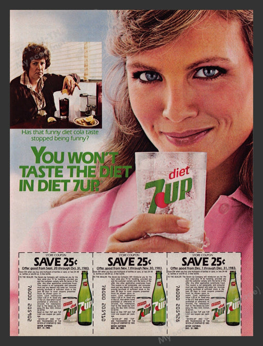 7up 1980s Print Advertisement Ad 1983 Diet Woman Soda Pop Fetch the Paper!