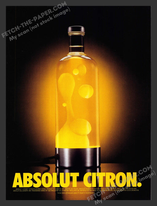 1998 Print Advertisement Absolut Citron Lava Lamp Bottle Alcohol Ad.