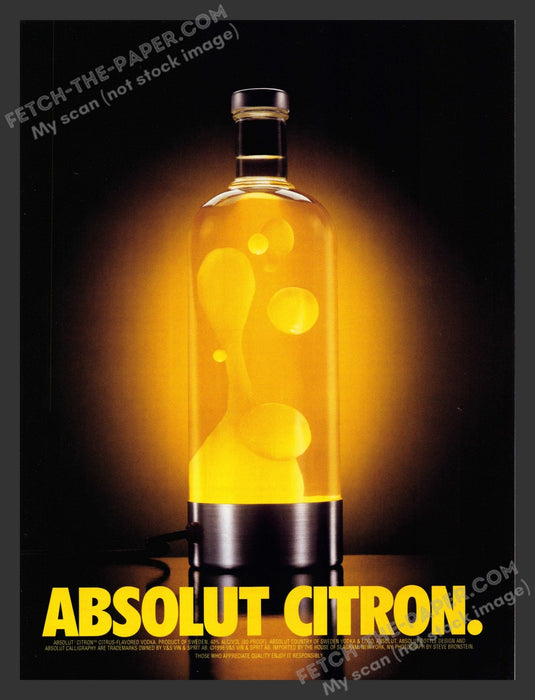 1998 Print Advertisement Absolut Citron Lava Lamp Bottle Alcohol Ad.