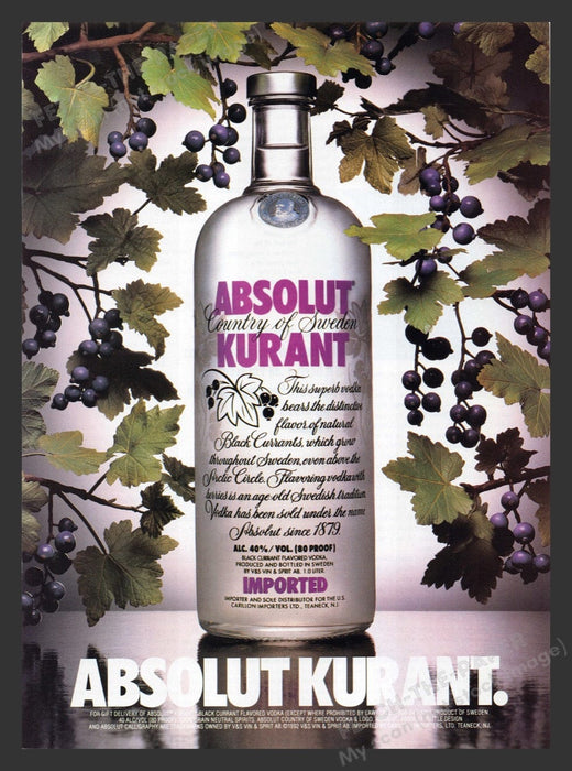 1994 Absolut Kurant Vines Print Advertisement Ad