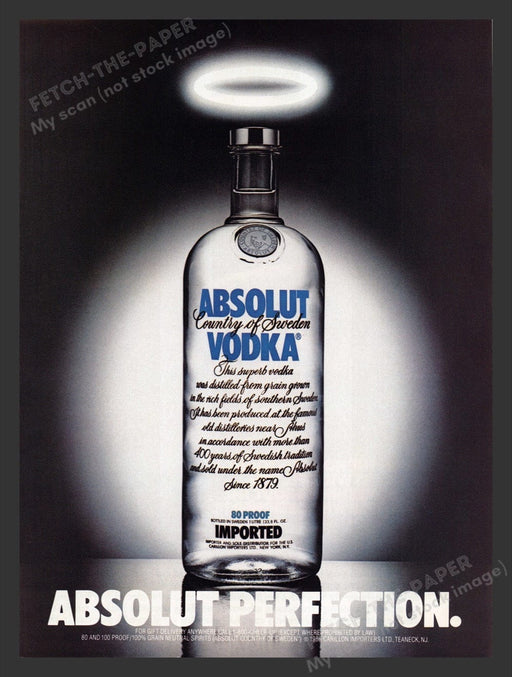 1989 Absolut Perfection Vodka Bottle with Halo Print Advertisement Ad