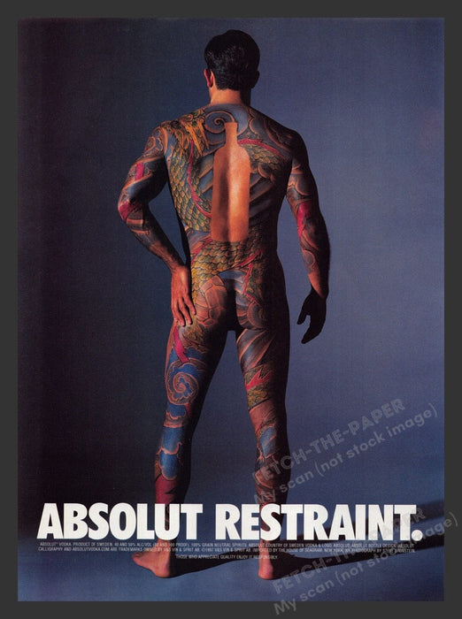 1998 Absolut Restraint Naked Tattooed Man Print Advertisement Ad
