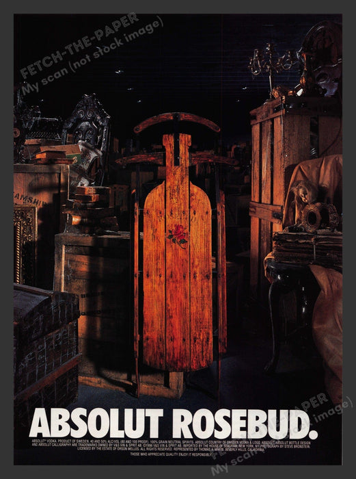 Absolut Rosebud Vodka 1990s Magazine Print Ad 1996 Wooden Sled Fetch the Paper!