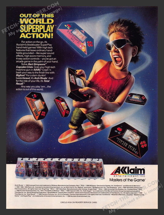 1990 Print Advertisement Acclaim SuperPlay Hand-held Systems Video Game Ad.