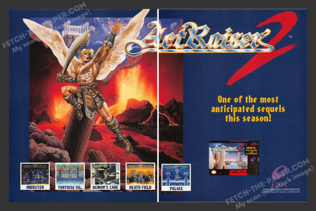 1993 Print Advertisement 2 Page ActRaiser 2 Video Game Ad.