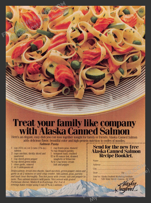 1983 Print Advertisement Alaska Seafood Salmon Pasta Recipe Food Ad.