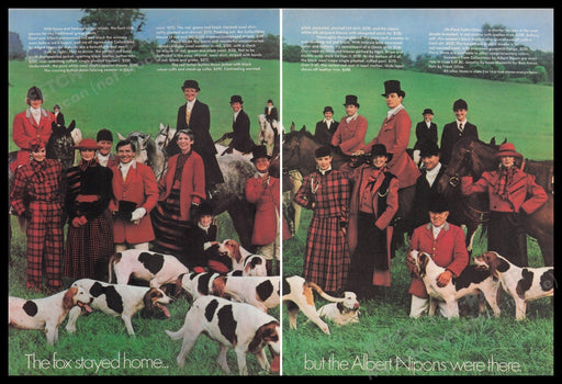 Albert Nipons Clothing 1980s Print Advertisement (2 pages) 1983 Foxhound Dogs Fetch the Paper!