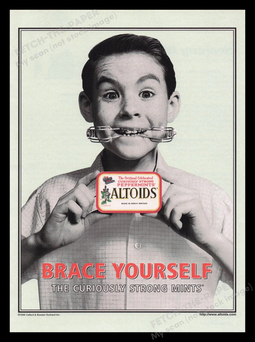Altoids 1990s Print Advertisement Ad 1999 "Brace Yourself" Kid Braces Fetch the Paper!