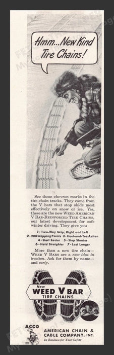 1948 American Chain & Cable Co. Weed V Bar Tire Chains Print Advertisement Ad