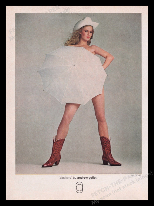 Andrew Geller Cowgirl Boots 1970s Print Advertisement Ad 1978 Legs Naked Under Fetch the Paper!