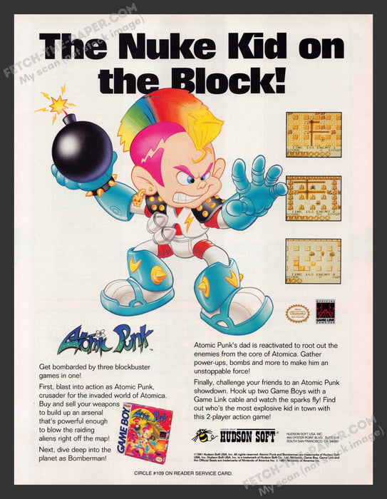 1991 Print Advertisement Atom Punk Video Game Ad.