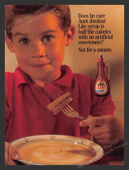 1989 Aunt Jemima Lite Syrup Boy Eating Pancakes Print Advertisement Ad