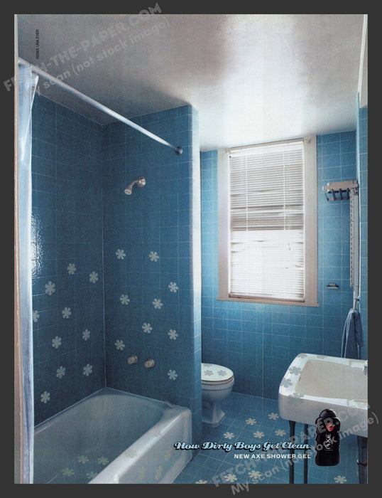 2005 Print Advertisement Axe Blue Bathroom How Dirty Boys Get Clean Ad.