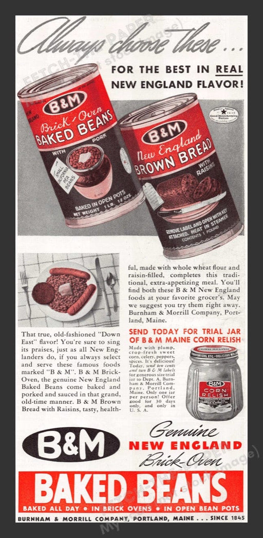1940 B & M Baked Beans & Maine Corn Relish Color Print Advertisement Ad