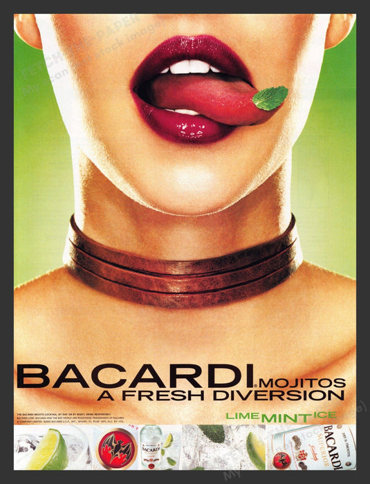 2002 Bacardi Mojitos Lime Mint Ice Alcohol Sexy Tongue Print Advertisement.