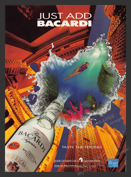 1995 Bacardi Rum City Pool Splash Cool Composition Print Advertisement Ad