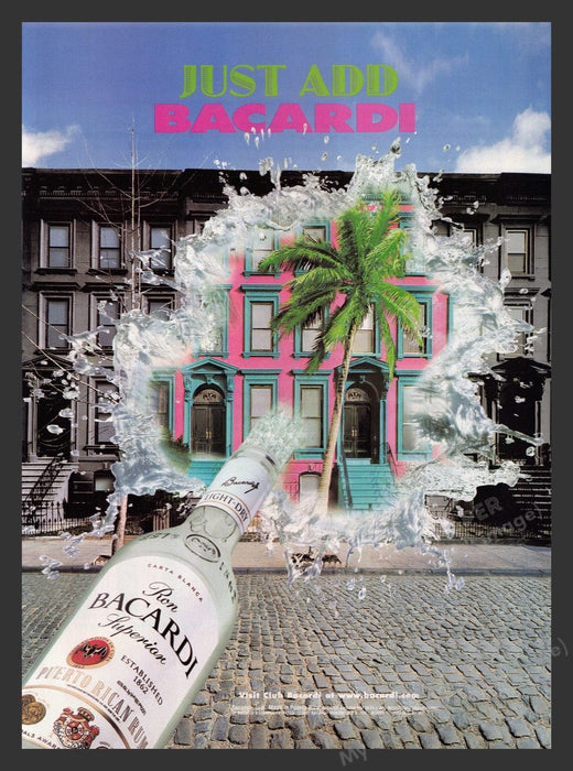 1998 Bacardi Rum Row of Houses Splash of Color Print Advertisement Ad
