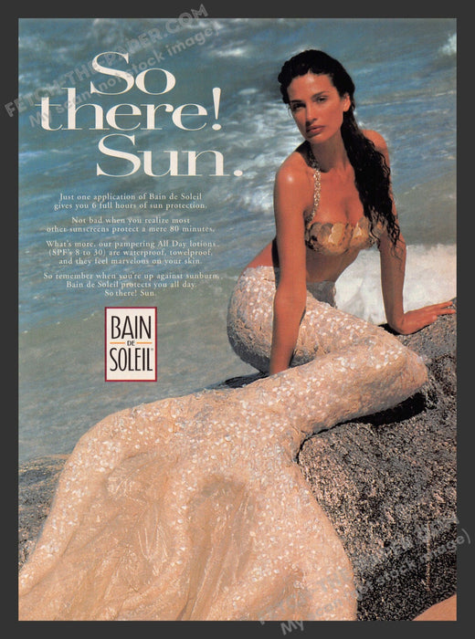 1996 Print Advertisement Bain de Soleil Sunblock Mermaid Model on Rock Ad.