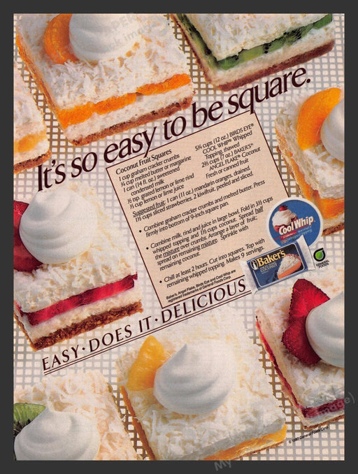 1987 Baker's & Cool Whip "Coconut Fruit Squares" Recipe Print Advertisement Ad