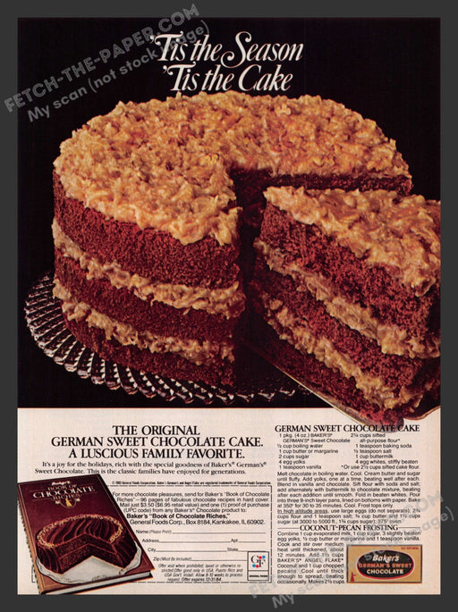 1983 Print Advertisement Baker's German Sweet Chocolate Cake Recipe Food.