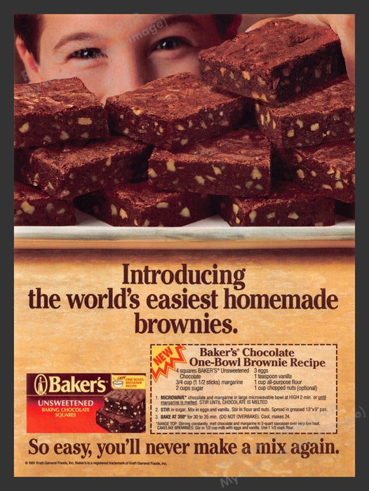 1991 Baker's Unsweetened Chocolate Brownie Recipe Print Advertisement Ad
