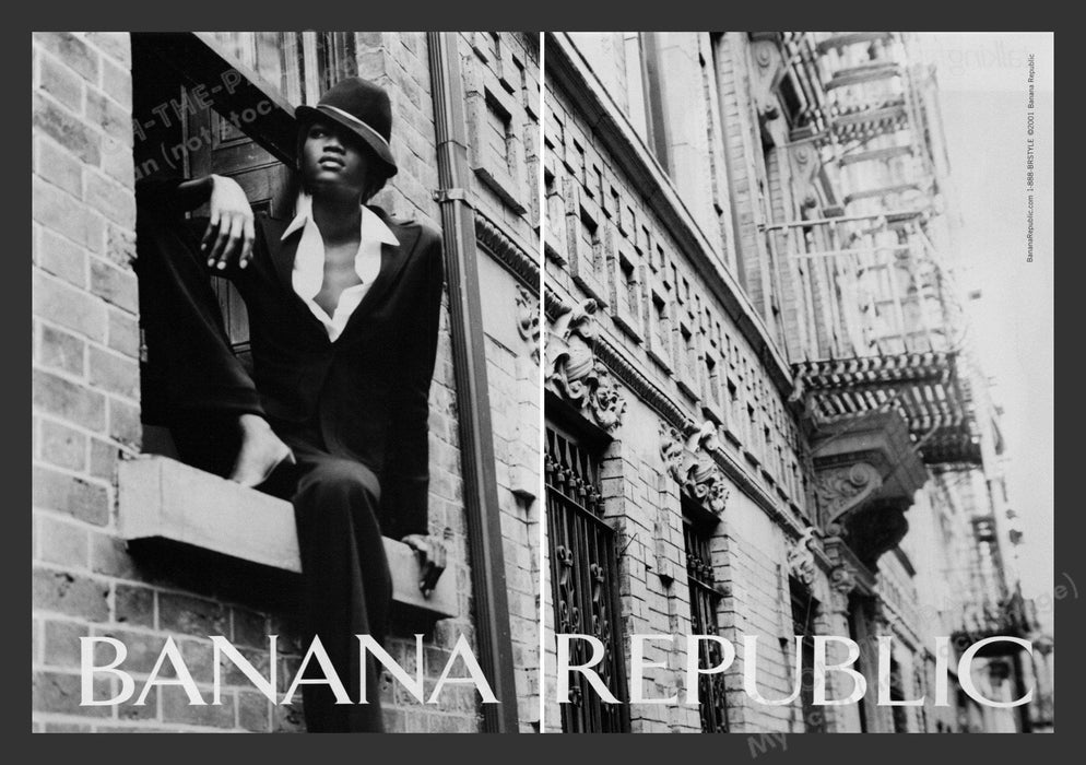 Banana Republic Model Sitting on Window 2000s Print Advertisement (2 pages) 2001 Fetch the Paper!