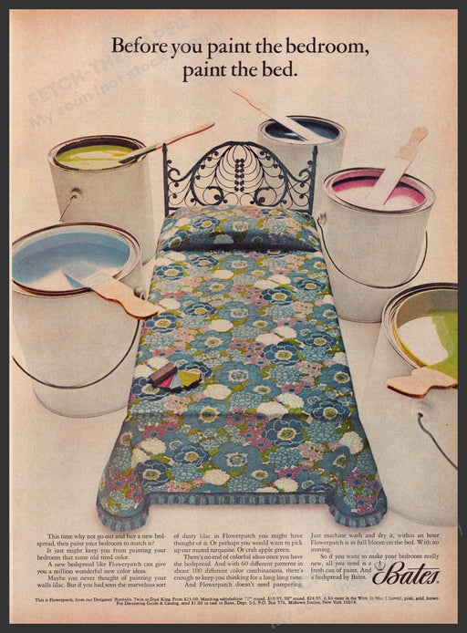 Bates Flowerpatch Linens 1960s Print Advertisement 1969 Bed Comforter Bedspread Fetch the Paper!