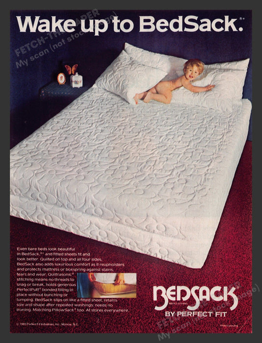 Bedsacks 1980s Print Advertisement 1983 Quilted Bed Sheet Perfect Fit Fetch the Paper!