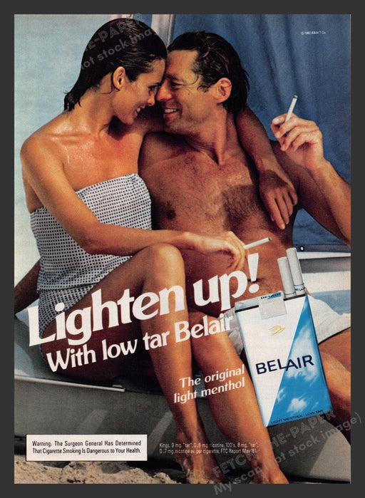 1982 Belair Cigarettes Couple on Sailboat on Beach Print Advertisement Ad