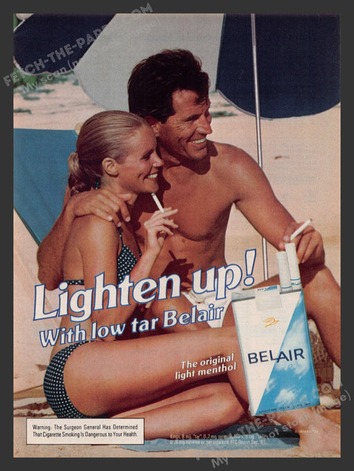 1982 Print Advertisement Belair Light Menthol Cigarettes Beach Bathing Ad.