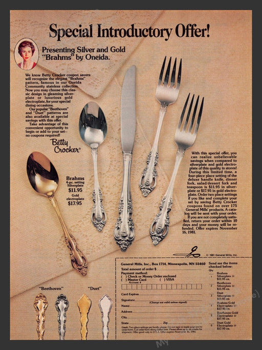 1981 Betty Crocker & Oneida "Brahms" Flatware Print Advertisement Ad
