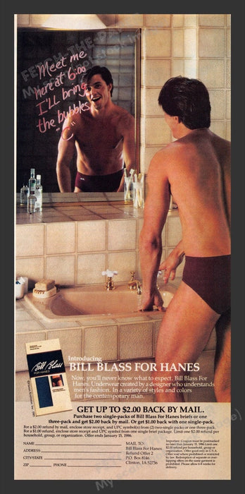 1984 Bill Blass for Hanes "I'll bring the bubbles" Print Advertisement Ad