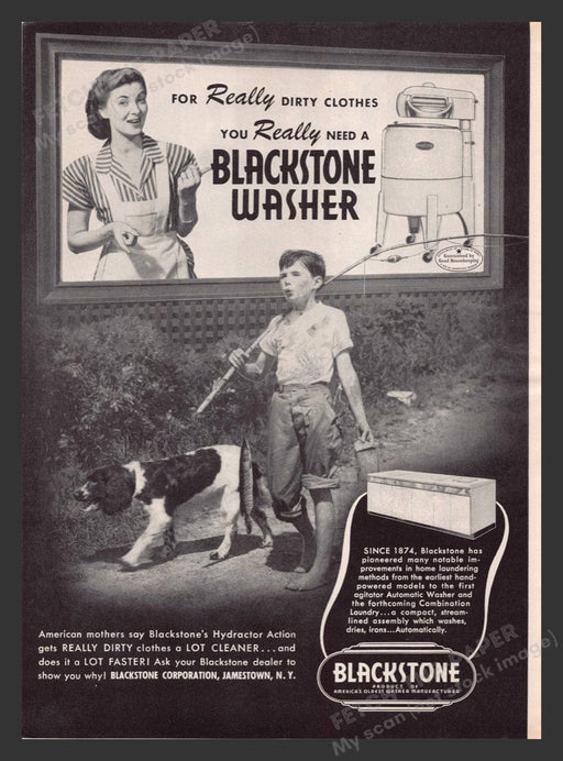 1948 Blackstone Washer Boy Fishing with Dog Print Advertisement Ad