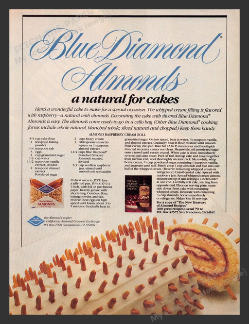 1984 Blue Diamond "Almond Raspberry Cream Roll" Recipe Print Advertisement