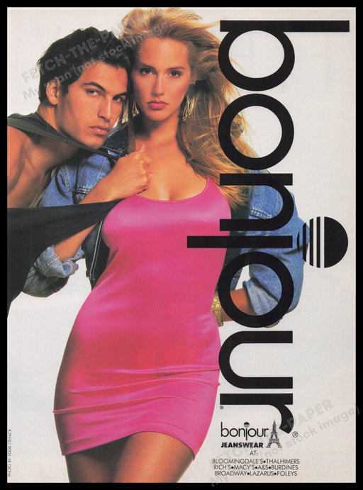 Bonjour Jeanswear 1980s Print Advertisement Ad 1989 Jacket Legs Models Fetch the Paper!