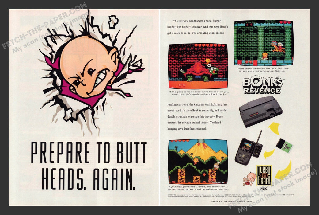 1991 Print Advertisement 2 Page Bonk's Revenge Video Game Ad.