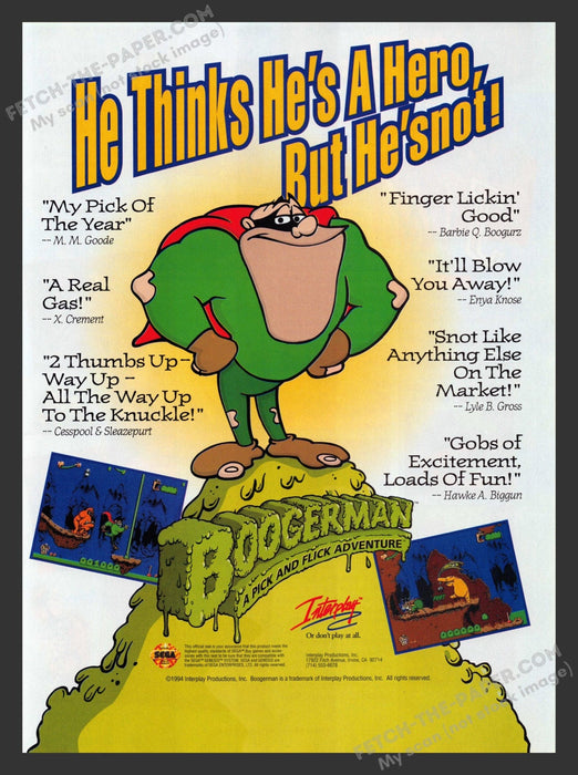 1994 Print Advertisement Boogerman: A Pick & Flick Adventure Video Game Ad.