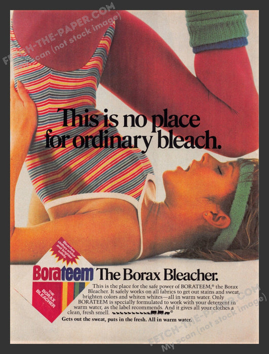 1984 Print Advertisement Borateem Borax Bleacher Aerobics Exercise Leotard Ad.
