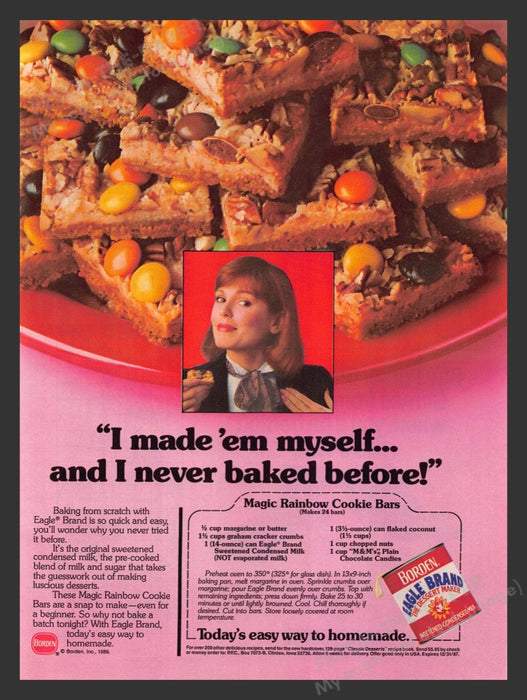 1986 Borden Eagle Brand Milk "Magic Rainbow Cookie Bars" Recipe Print Ad