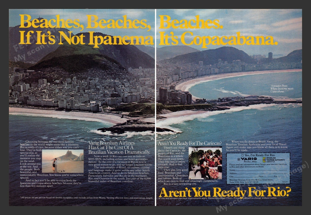 Brazil 1980s Print Advertisement (2 pages) 1983 Arpoador Point Beaches Skyline Fetch the Paper!
