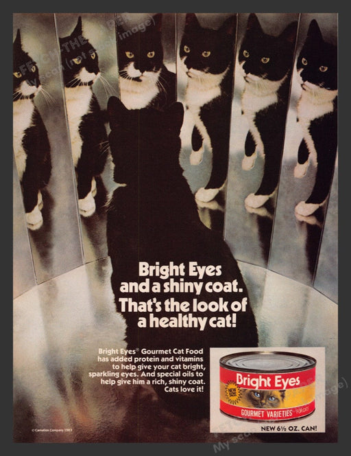 1983 Bright Eyes Cat Food Black & White Mirrors Print Advertisement Ad