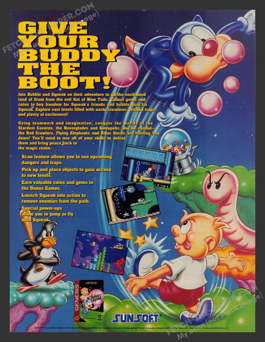 1994 Print Advertisement Bubble Squeak Sega Genesis Video Game Ad.