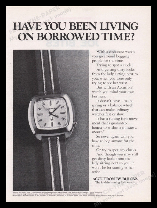 Bulova Accutron Watch 1970s Print Advertisement Ad 1972 Model 263 Fetch the Paper!