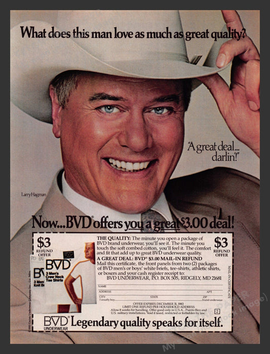 BVD 1980s Print Advertisement Ad 1983 Larry Hagman Men's Underwear Dallas Fetch the Paper!