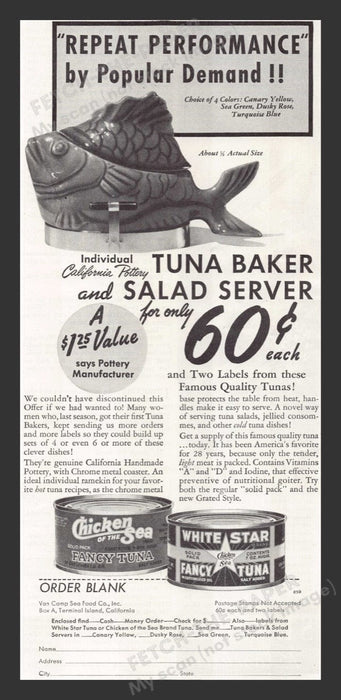 1940 California Pottery Tuna Baker & Salad Server Can Print Advertisement Ad