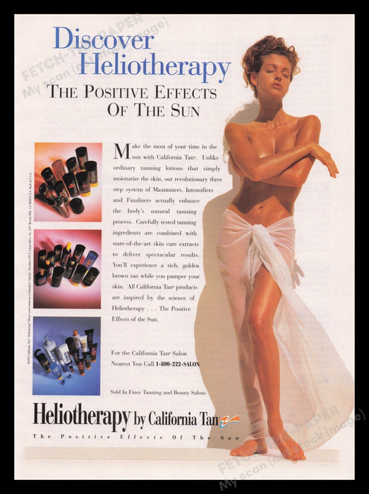 California Tan Lotion 1990s Print Advertisement Ad 1996 Heliotherapy Suntan Fetch the Paper!