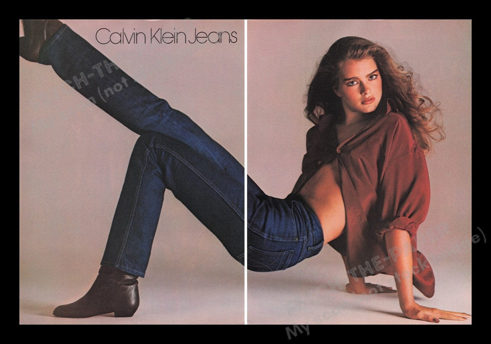 Calvin Klein Jeans 1980s Print Advertisement Ad (2 pages) 1981 Brooke Shields Fetch the Paper!
