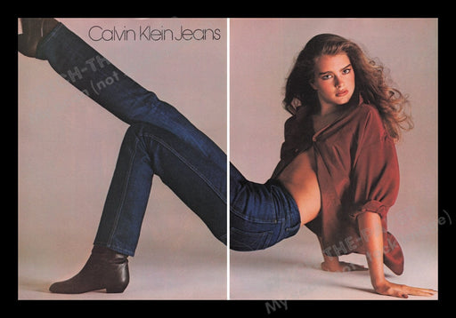 Calvin Klein Jeans 1980s Print Advertisement Ad (2 pages) 1981 Brooke Shields Fetch the Paper!