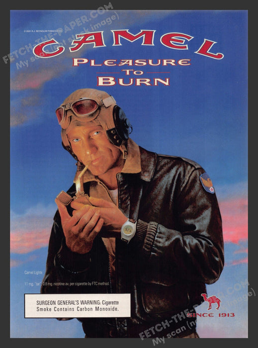 2001 Print Advertisement Camel Pleasure to Burn Cigarettes Bomber Jacket Pilot.