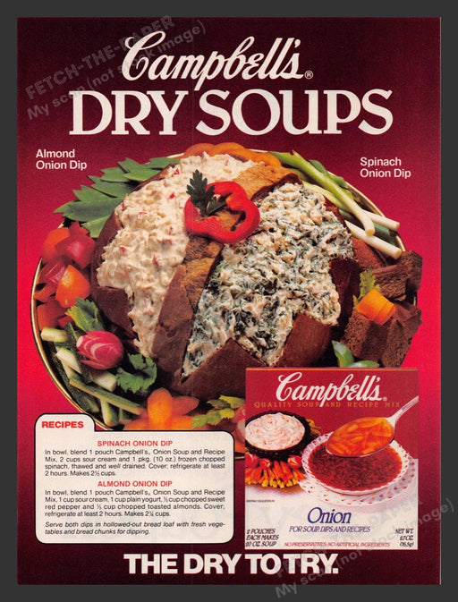 1989 Campbell's Dry Soups "Almond Onion Dip" Recipe Print Advertisement Ad